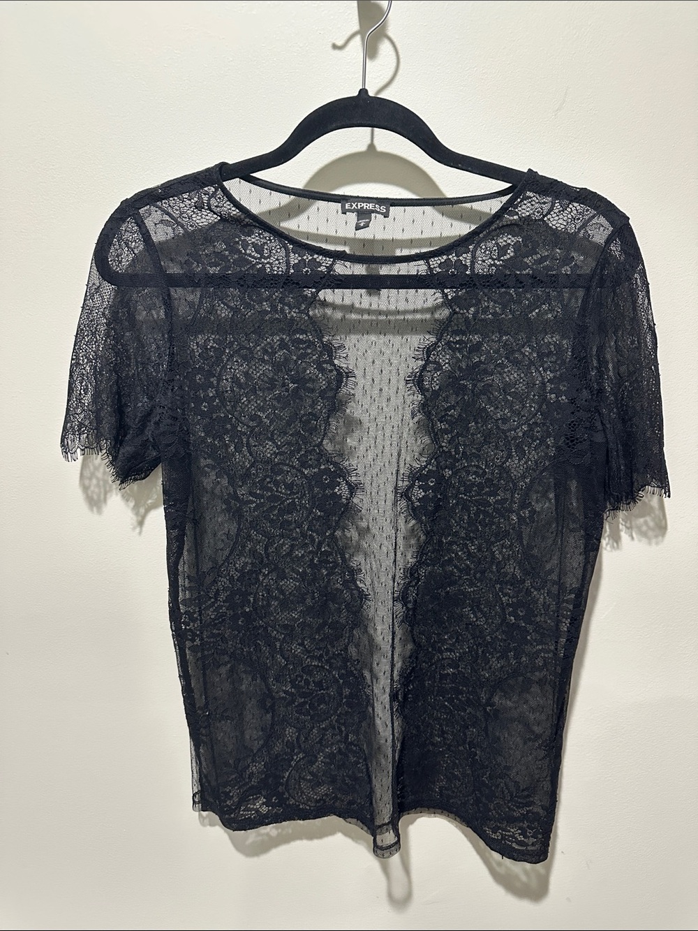 Express Black Sheer Lace Short Sleeve Top